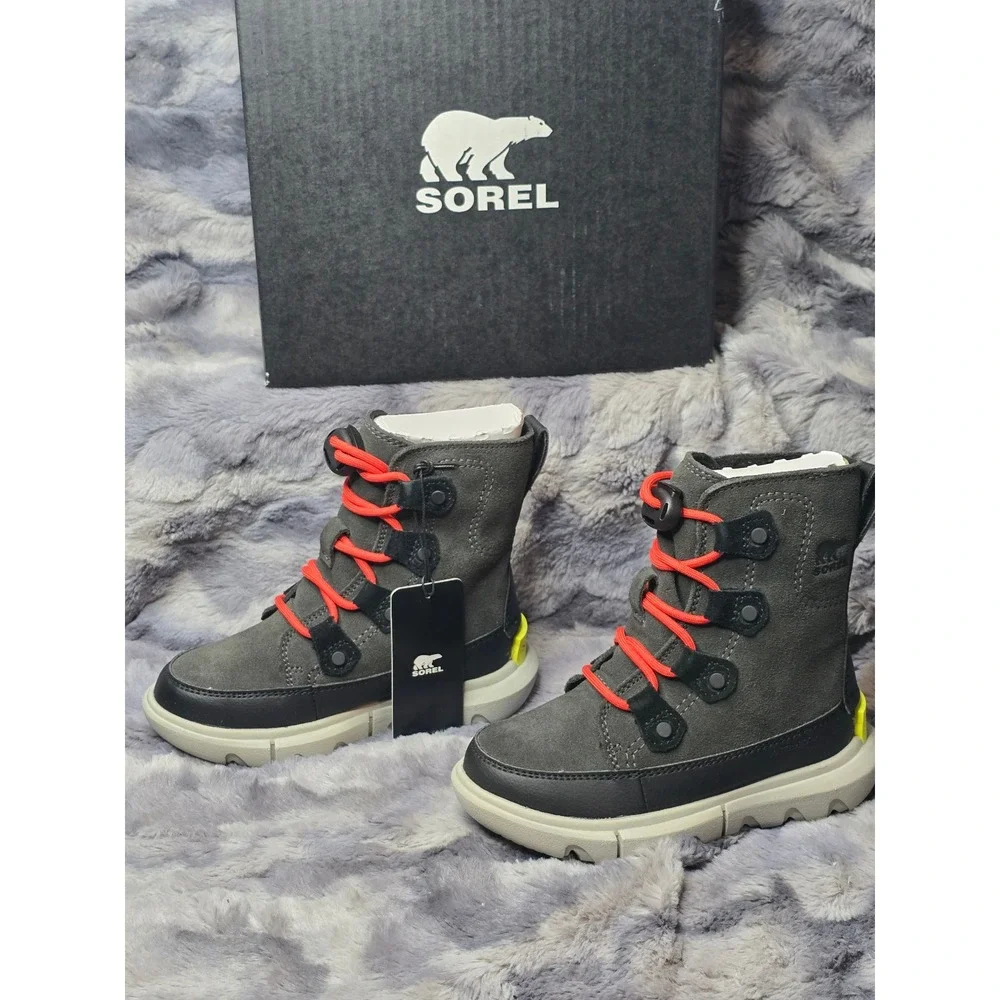 NWB Kids Sorel‎ Explorer Lace Waterproof Insulated Boots Gray Red Size 10